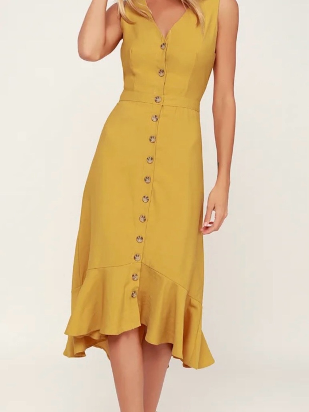 Lulu's Mustard Button-Front High-Low Midi Dress